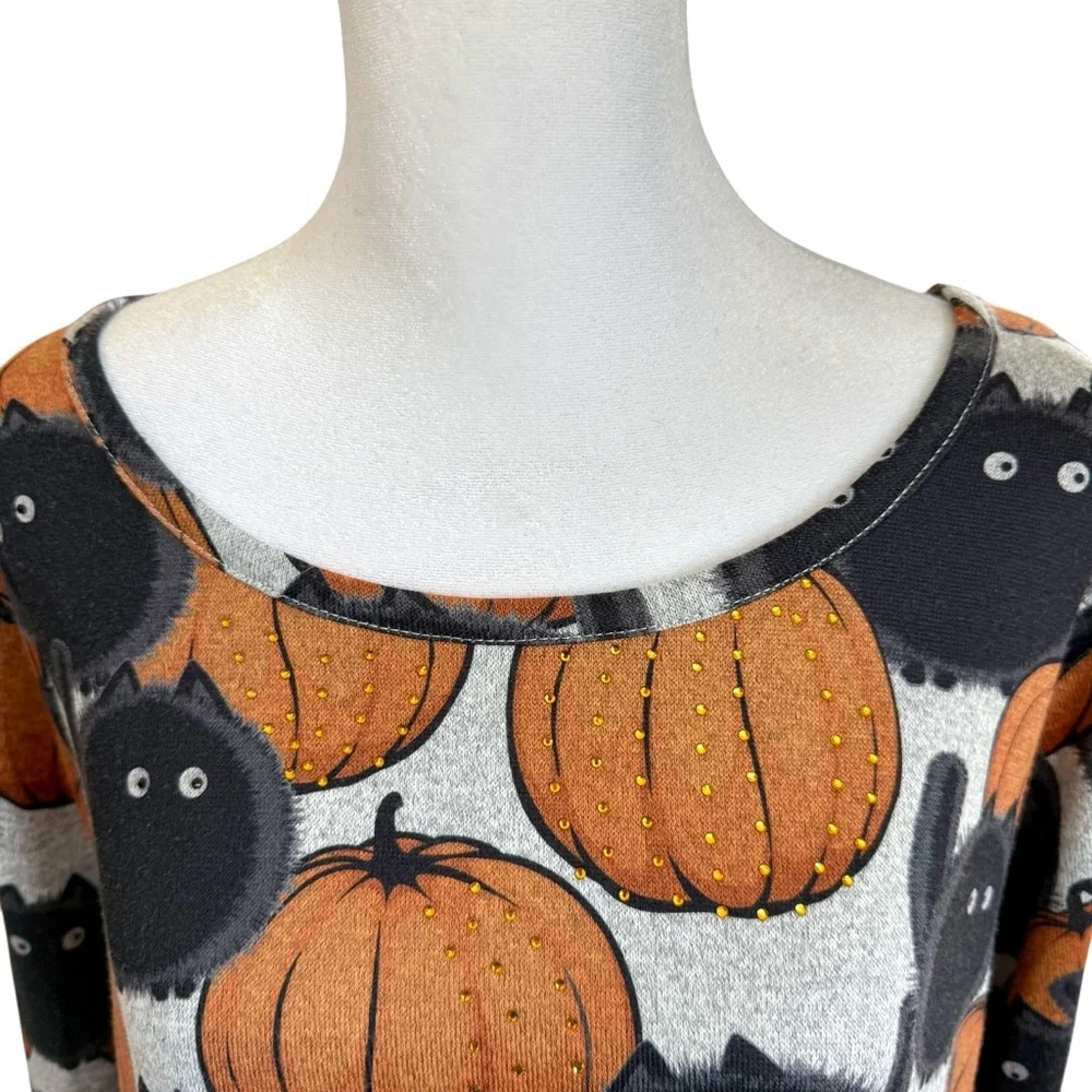 Clover Pine Black Cat Pumpkin Tunic Top Womens XXL Fall Cozy Sweater Plus Size - Picture 4 of 9